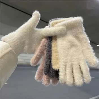 Теплые перчатки для верховой езды из искусственного Кроличьего меха Женские мягкие перчатки с раздельными пальцами Холодные Однотонные перчатки